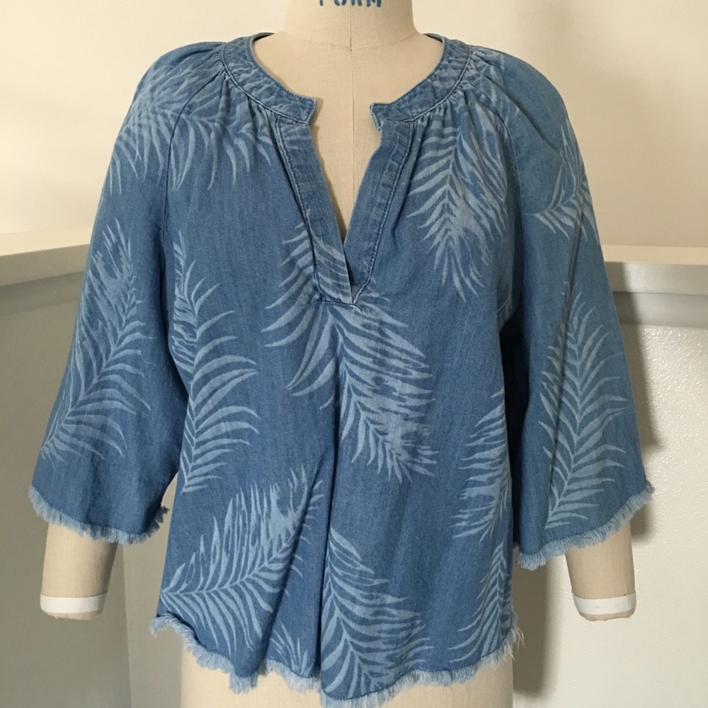 NEW Joe’s 100% cotton denim palm leaves tropical print top - S